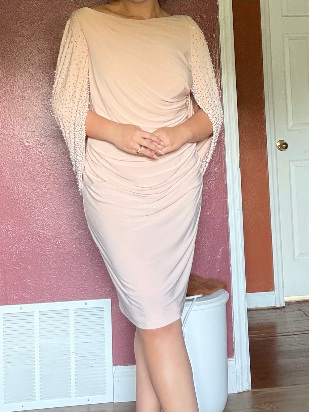 Betsy & Adam Blush Pink Beaded Cape-Sleeve Midi Dress